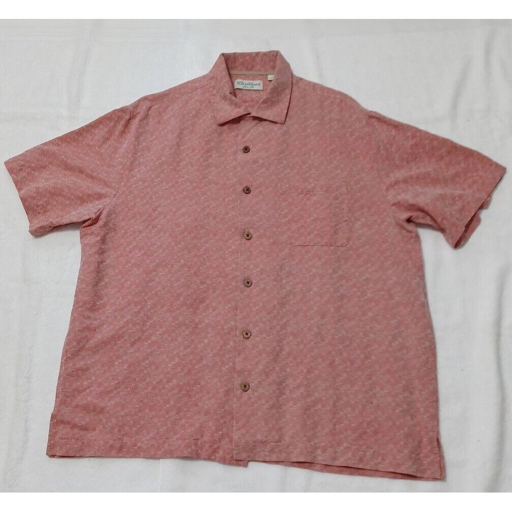 Caribbean Pure Silk‎ Mens Large Coral Pink Textured Short Sleeve Button Down
